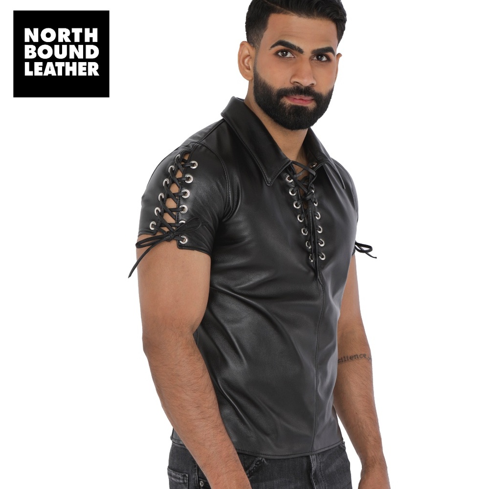 North Bound Leather Lace Up Short Sleeve Shirt Medium Gently worn Side zip